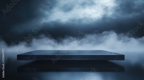 empty dark platform with smoke and clouds background