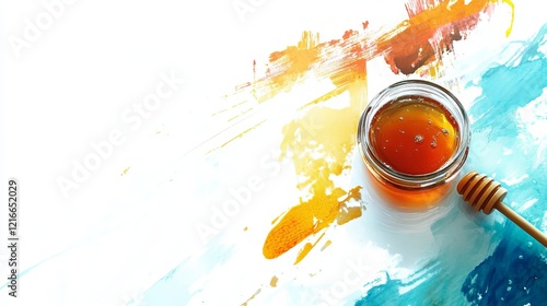 Honey in a Glass Jar with Wooden Dipper on Abstract Background photo