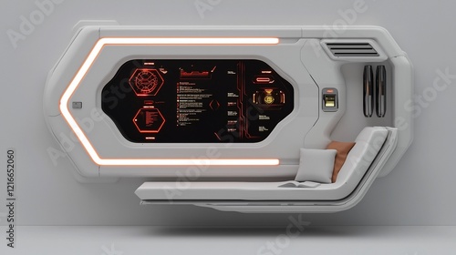 Fototapeta Naklejka Na Ścianę i Meble -  Futuristic spaceship interior with integrated control panel and lounge chair.