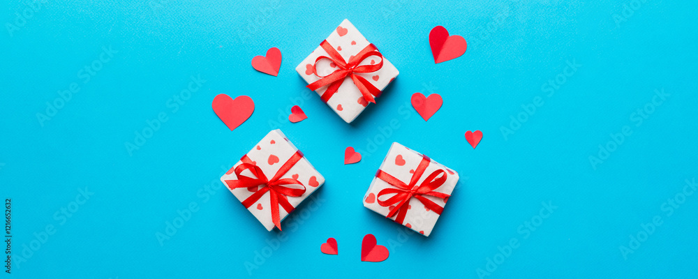 Valentine day composition Background: red gift box with bow and heart. Christmas present. View from above. Holday greeting card Valentine day composition Background: red gift box with bow and heart. Christmas present. View from above. Holday greeting card