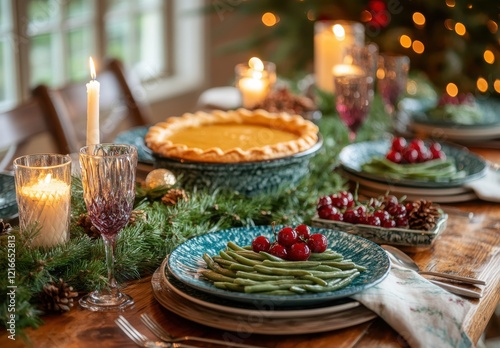 Elegant Holiday Dinner Table with Delicious Pumpkin Pie, Fresh Green Beans, and Beautiful Garnishes Surrounded by Festive Decorations and Sparkling Candles