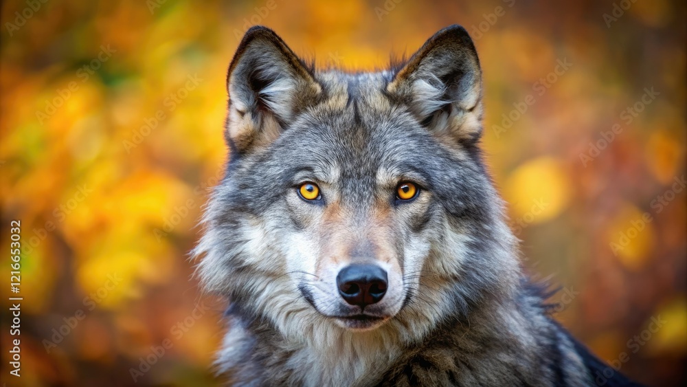Fototapeta premium Close-up portrait of a gray wolf with piercing yellow eyes gazing directly into the camera against a blurred background of autumnal foliage, gray wolf, wildlife photography, close up, fall, nature