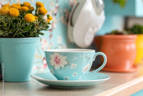 Wallpaper Mural Cup and saucer on the counter, Generative AI Torontodigital.ca