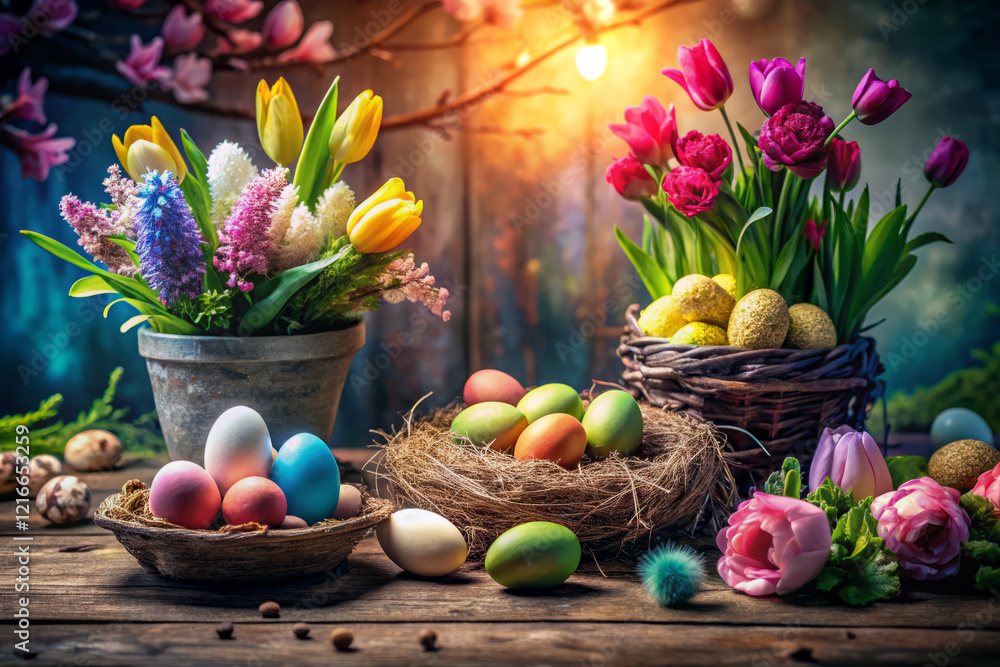 custom made wallpaper toronto digitalColorful Easter eggs and vibrant flowers create festive spring scene
