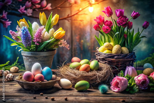 Wallpaper Mural Colorful Easter eggs and vibrant flowers create festive spring scene Torontodigital.ca