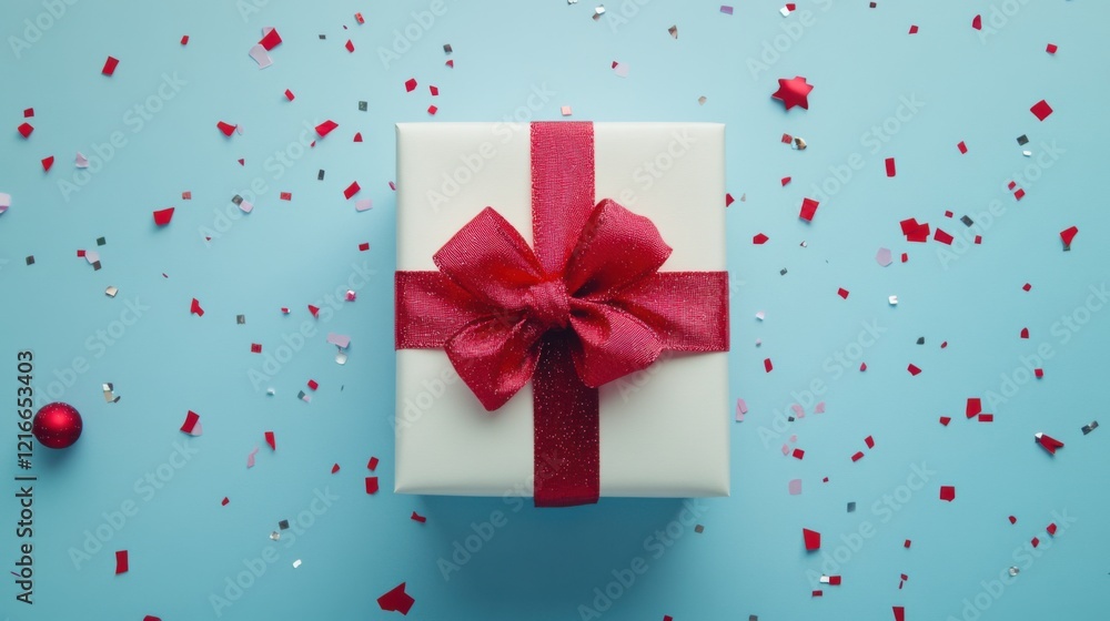 Unveiling Happiness: A Serene White Gift Box, Gracefully Embellished with a Classic Red Bow, Floating Elegantly Against a Sky-Blue Backdrop, Bestowing a Sense of Cheer and Wonder Unveiling Happiness: A Serene White Gift Box, Gracefully Embellished with a Classic Red Bow, Floating Elegantly Against a Sky-Blue Backdrop, Bestowing a Sense of Cheer and Wonder