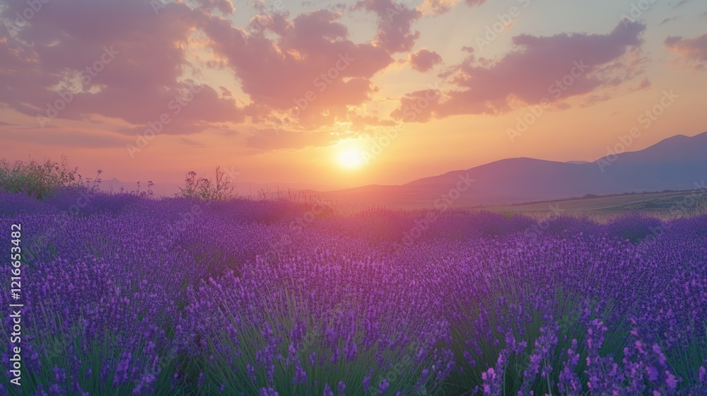Obraz premium Sunset Lavender Field, Mountain Background, Idyllic Scene