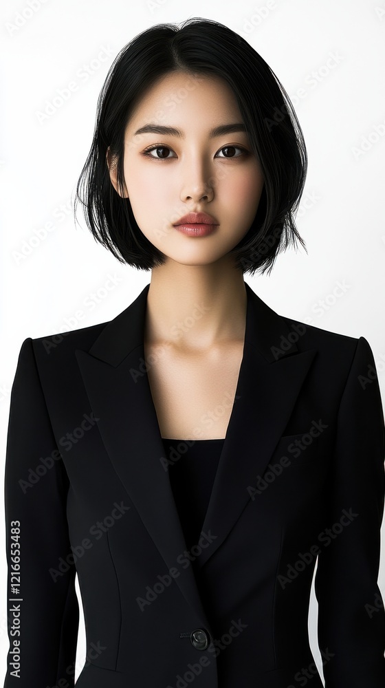Young woman in a formal black suit poses confidently against a neutral background showcasing her professional demeanor and stylish appearance