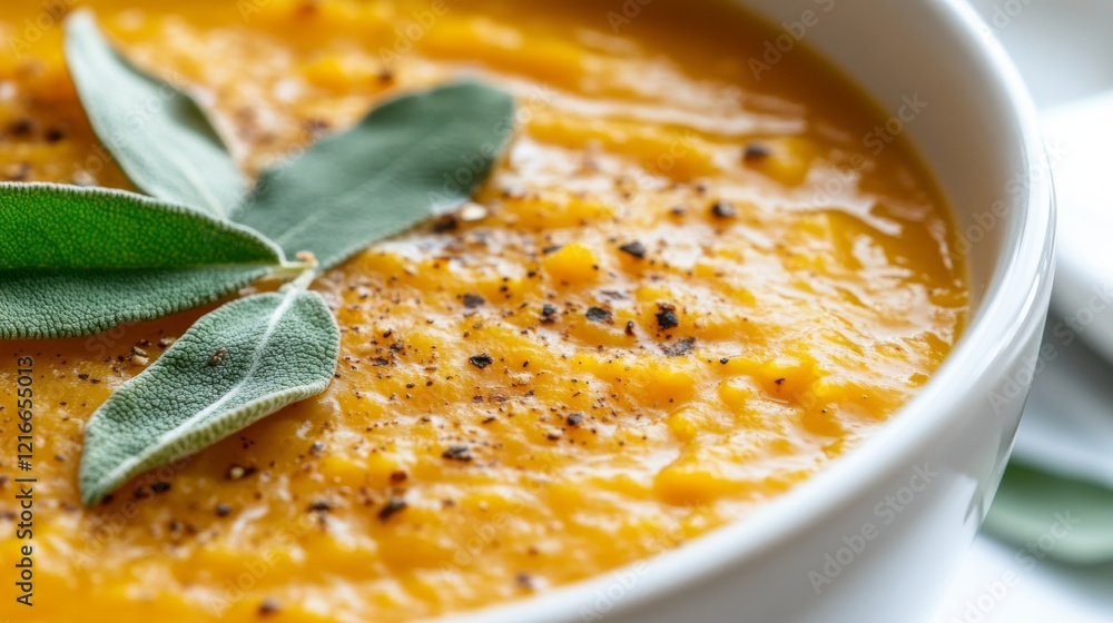 Close-up of rice and butternut squash soup with sage and garlic in a white bowl, emphasizing rich and smooth texture. Ideal for autumn dishes and warming meals.