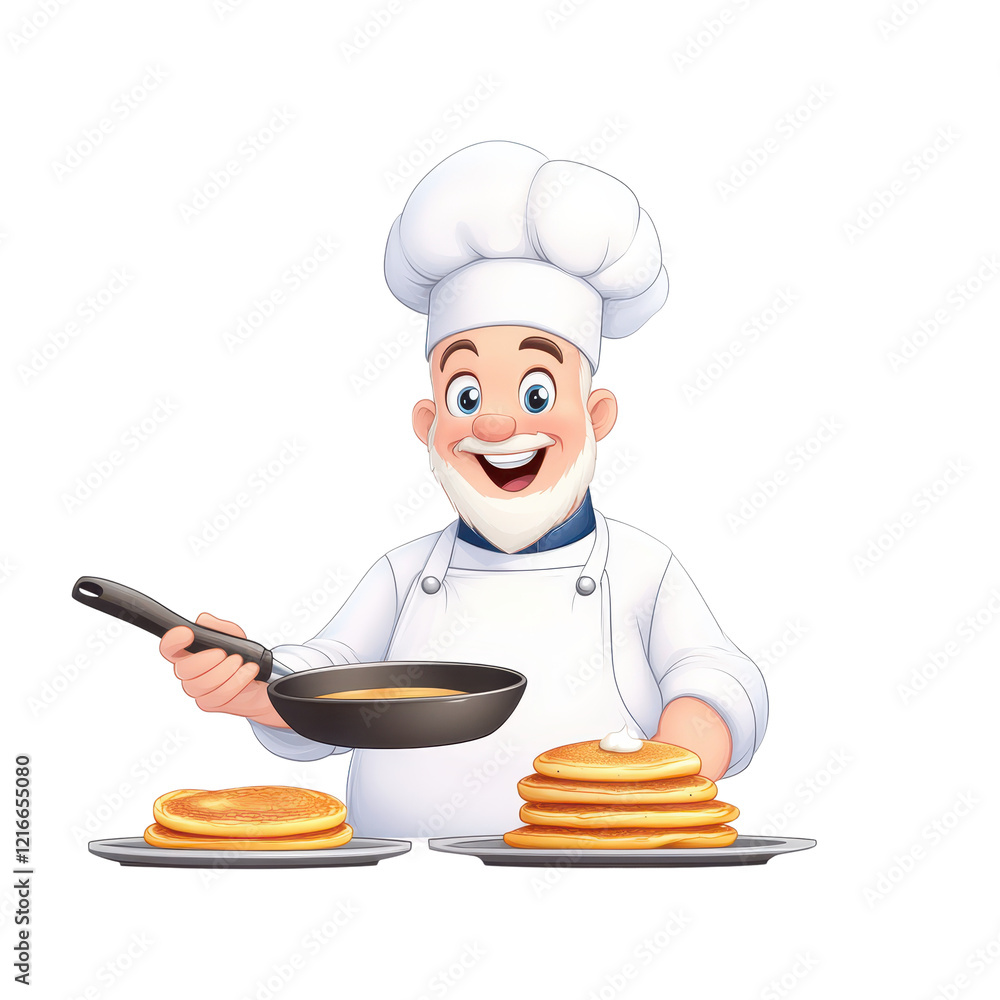 Cartoon chef character holding a plate of pancakes in a colorful kitchen setting. Cartoon chef character holding a plate of pancakes in a colorful kitchen setting.