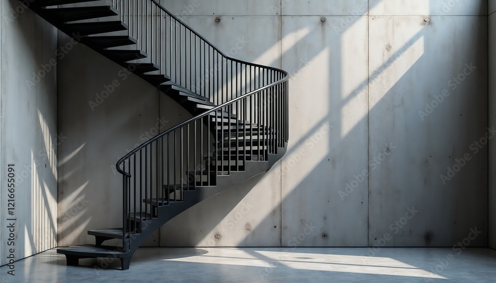 Modern iron staircase in minimalist interior, showcasing elegance and simplicity, with soft shadows Modern iron staircase in minimalist interior, showcasing elegance and simplicity, with soft shadows