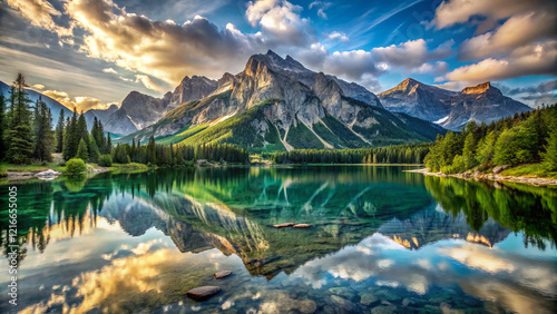 Breathtaking mountain landscape with serene pond and vibrant reflections
