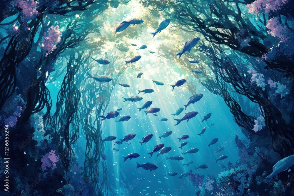 Sunlit Underwater Scene Fish Schooling Kelp Forest Sunlit Underwater Scene Fish Schooling Kelp Forest