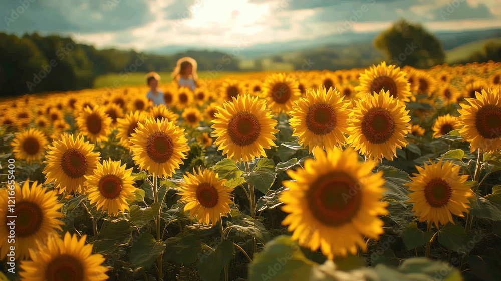 Fototapeta premium Children playing in summer sunflower field at sunset