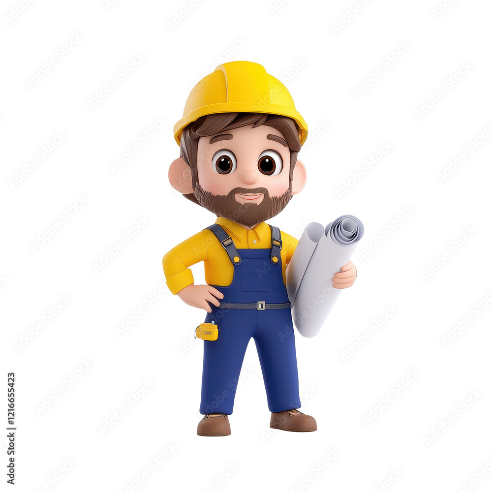 3d construction worker holding blueprint and planning building project on construction site. 3d construction worker holding blueprint and planning building project on construction site.