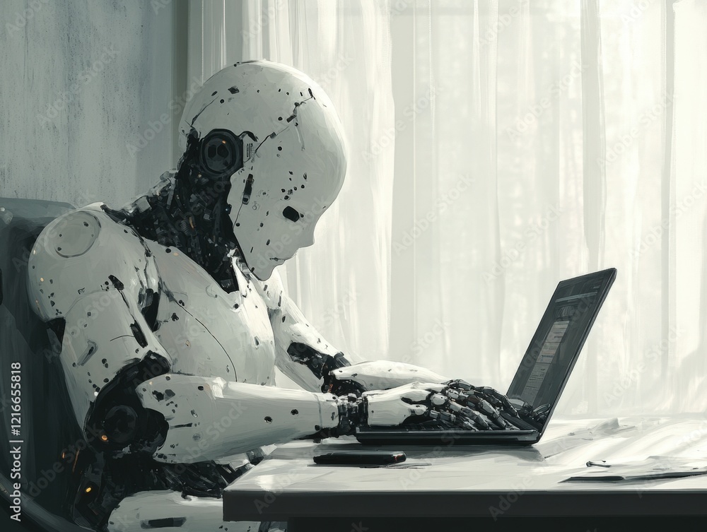 futuristic robot working on laptop futuristic robot working on laptop
