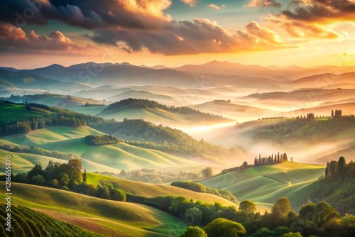 Wallpaper Mural Breathtaking landscape with rolling hills, mist, and vibrant sunset hues Torontodigital.ca