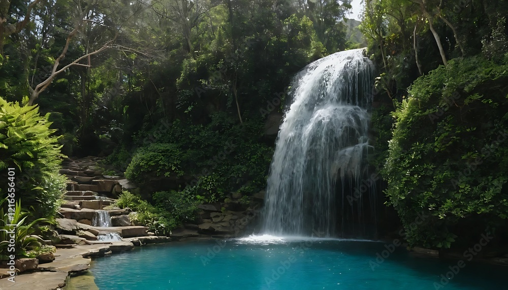 Waterfall cascading down a rocky cliff face into a vibrant turquoise pool, surrounded by tropical foliage Waterfall cascading down a rocky cliff face into a vibrant turquoise pool, surrounded by tropical foliage