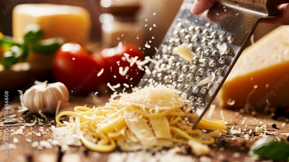 Close-up of parmesan cheese being grated over fresh pasta with garlic and herbs ideal for culinary marketing
Close-up of parmesan cheese being grated over fresh pasta with garlic and herbs ideal for culinary marketing