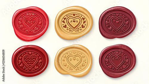 This image features a collection of six decorative wax seals, each embossed with a different heart design.