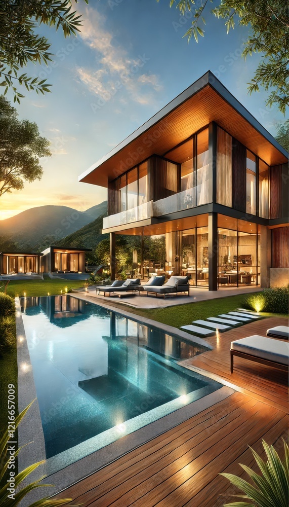 Obraz premium A modern luxury villa with a swimming pool large windows and a scenic mountain view.