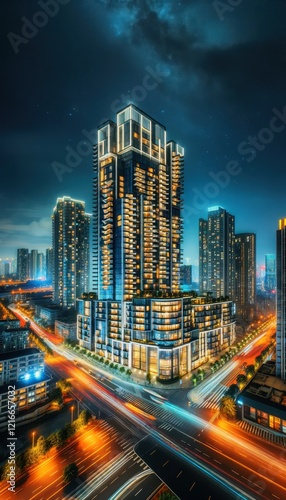 Wallpaper Mural A high rise apartment building in a bustling city illuminated at night with glowing windows. Torontodigital.ca