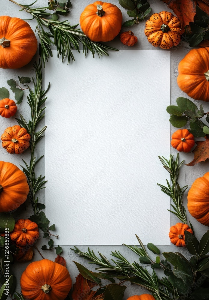 Fototapeta premium Festive Autumn Arrangement with Fresh Pumpkins, Colorful Leaves, and Sprigs of Rosemary Surrounding Blank Space for Text or Design in a Warm, Inviting Setting