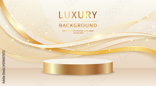 Product presentation podium banner design with luxurious golden wavy lines with glittery light decoration