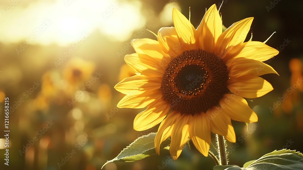 Fototapeta premium Sunlit Sunflower in a Field of Gold