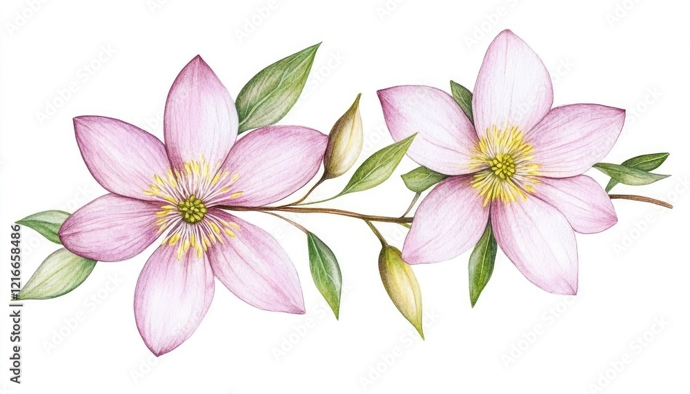 Delicate pink flowers with green leaves gracefully arranged on a white background, ideal for floral design Delicate pink flowers with green leaves gracefully arranged on a white background, ideal for floral design