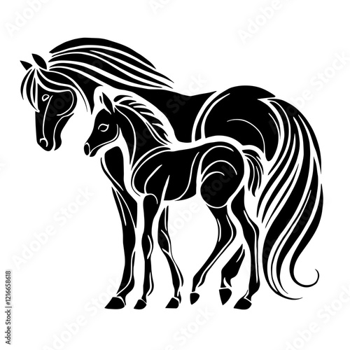 A black and white silhouette of horse with foal, minimalist stroke lines, minimalist art, vector, isolated, transparent background