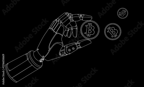 Robotic bionic hand with cryptocurrency coins Line art banner design. Cryptocurrency and blockchain technology concept. AI robot hand holding bitcoin with financial chart. Vector illustration