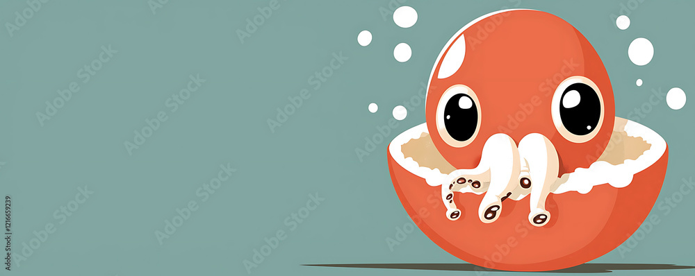 Fototapeta premium Adorable cartoon octopus hatching from a cracked egg.
