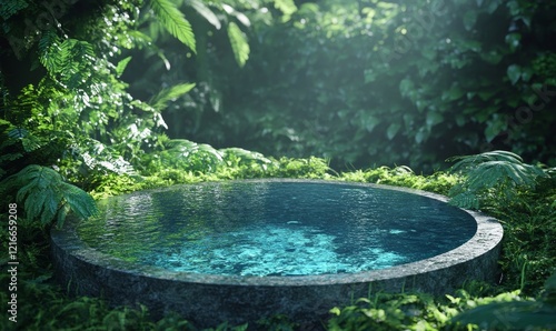 A concept metaphorically depicting hydrogen as an ecological energy source in the form of a pond in the middle of a virgin jungle. 3d rendering., Generative AI photo