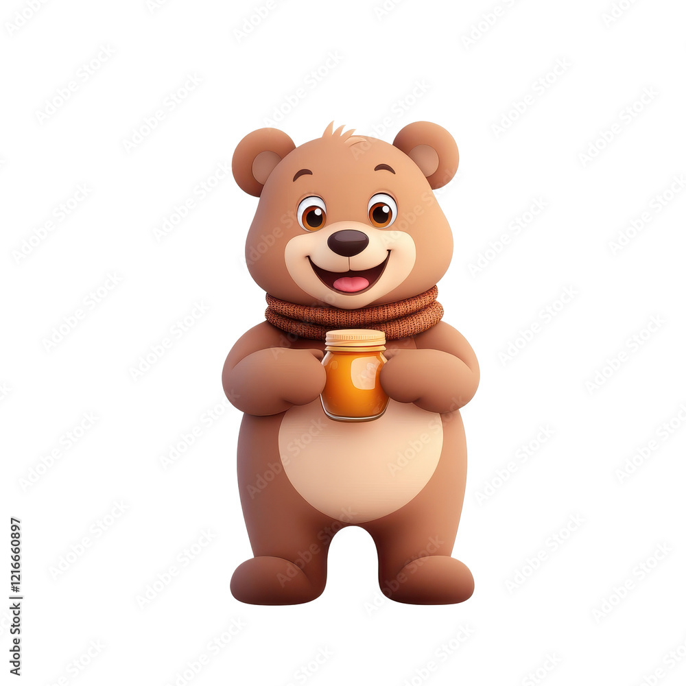 Fototapeta premium Brown bear sitting and holding a cup of coffee in a natural outdoor setting.