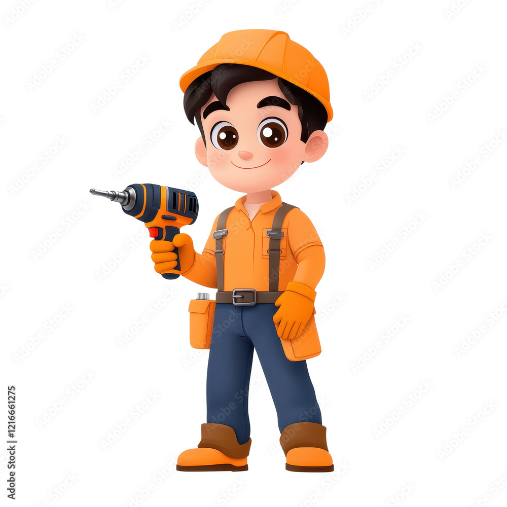 Cartoon construction worker holding a driller in a colorful construction site setting. Cartoon construction worker holding a driller in a colorful construction site setting.
