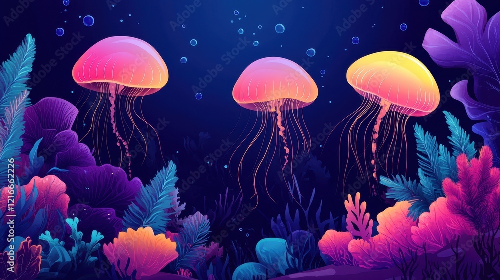 Neon Jellyfish Swim Among Vibrant Underwater Flora Neon Jellyfish Swim Among Vibrant Underwater Flora