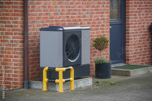 Modern heat pump system installed outside a red-brick house, protected by a yellow and black safety barrier. Sustainable heating solutions for building. Air source heat pump beside residential house. 