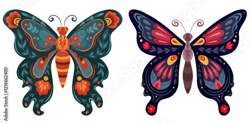 Vector clip arts set of tracery butterflies in folk art style. Collection of decorative illustration of a flying insects with floral ornament