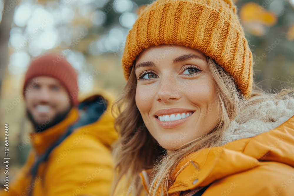 Smiling Caucasian woman in autumn attire outdoors, enjoying nature, close up portrait, joyful expression, serene background Smiling Caucasian woman in autumn attire outdoors, enjoying nature, close up portrait, joyful expression, serene background