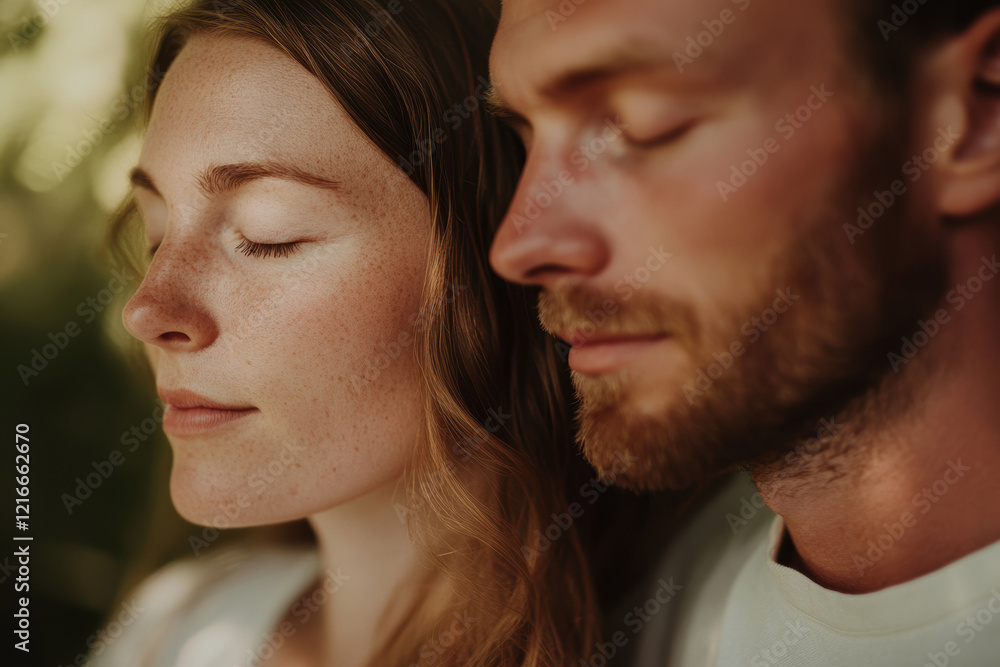 Serene young Caucasian couple embracing tranquility with eyes closed, intimate and peaceful moment outdoors Serene young Caucasian couple embracing tranquility with eyes closed, intimate and peaceful moment outdoors