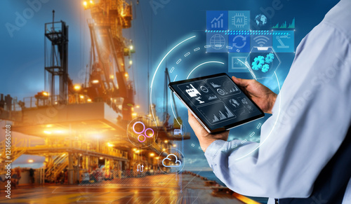 Smart industry 4.0 mangement control system concept.Hands holding tablet on blurred Petroleum oil and gas process offshore field industrial equipment as background