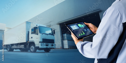 Gps tracking logistic warehouse manangement system concept.Man hand using digital tablet on blurred delivery truck as background