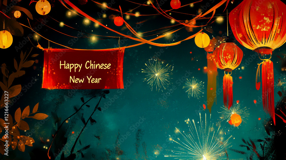 Obraz premium Happy Chinese New Year banner with a scroll and lanterns fireworks in the background.