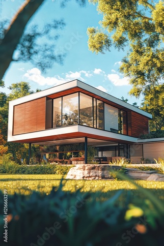 Wallpaper Mural Modern house design with wood panels and large glass windows surrounded by trees Torontodigital.ca