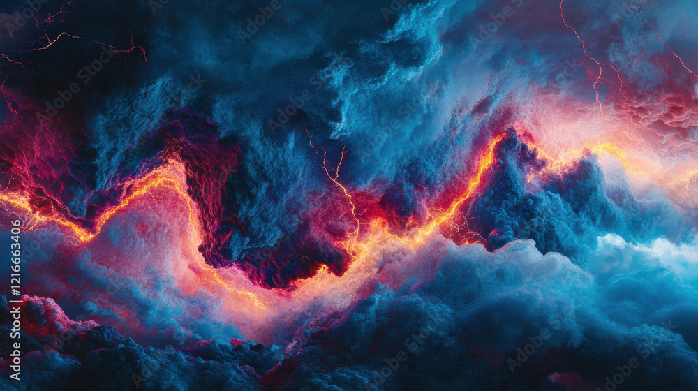 Fototapeta premium An explosive beam of electric blue plasma, twisting and surging forward in chaotic patterns, surrounded by a stormy