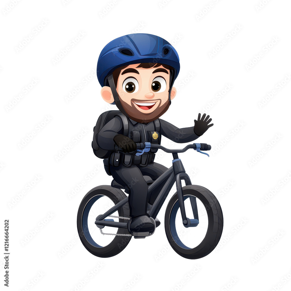 Obraz premium Cartoon police officer riding a bicycle through a colorful urban environment with a cheerful expression.