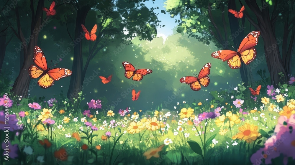 Enchanting Sunlit Meadow with Vibrant Butterflies Dancing Amongst Blossoms Enchanting Sunlit Meadow with Vibrant Butterflies Dancing Amongst Blossoms