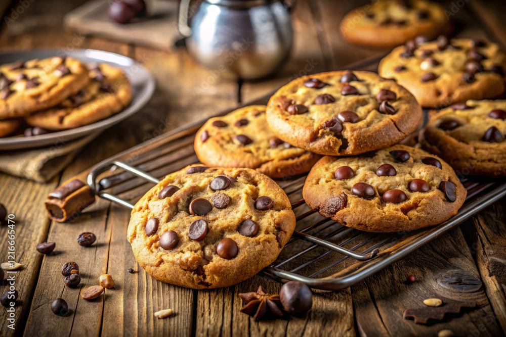 Freshly baked chocolate chip cookies on rustic cooling rack, exuding warmth and charm Freshly baked chocolate chip cookies on rustic cooling rack, exuding warmth and charm