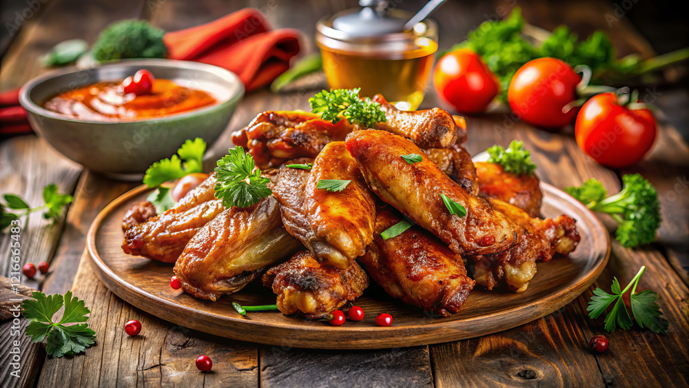Delicious gourmet chicken wings served with fresh herbs and sauce Delicious gourmet chicken wings served with fresh herbs and sauce